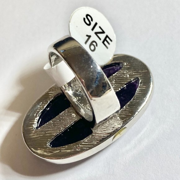 Vintage Purple Amethyst Cocktail Ring Chunky Oval Cut Silver Plated 5 6 7 8 9 - Picture 7 of 13